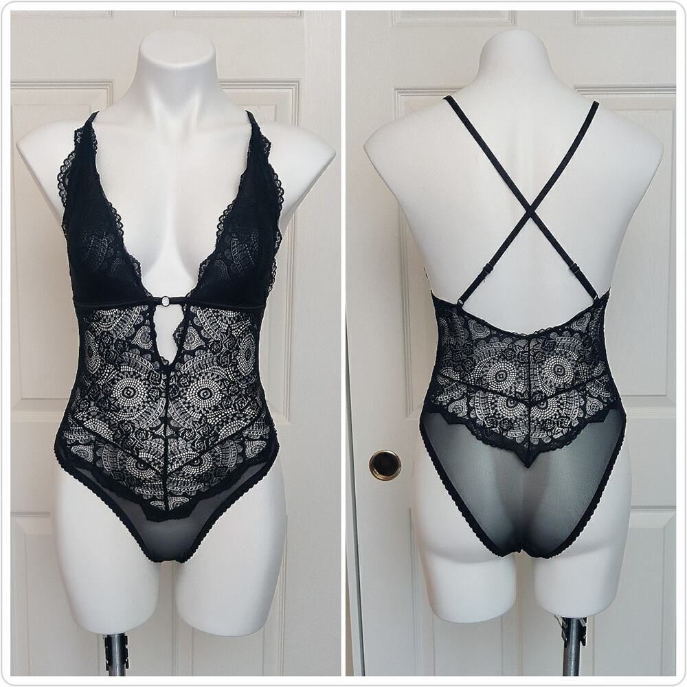 La Vie en Rose sheer black mesh lace bodysuit teddy sz S